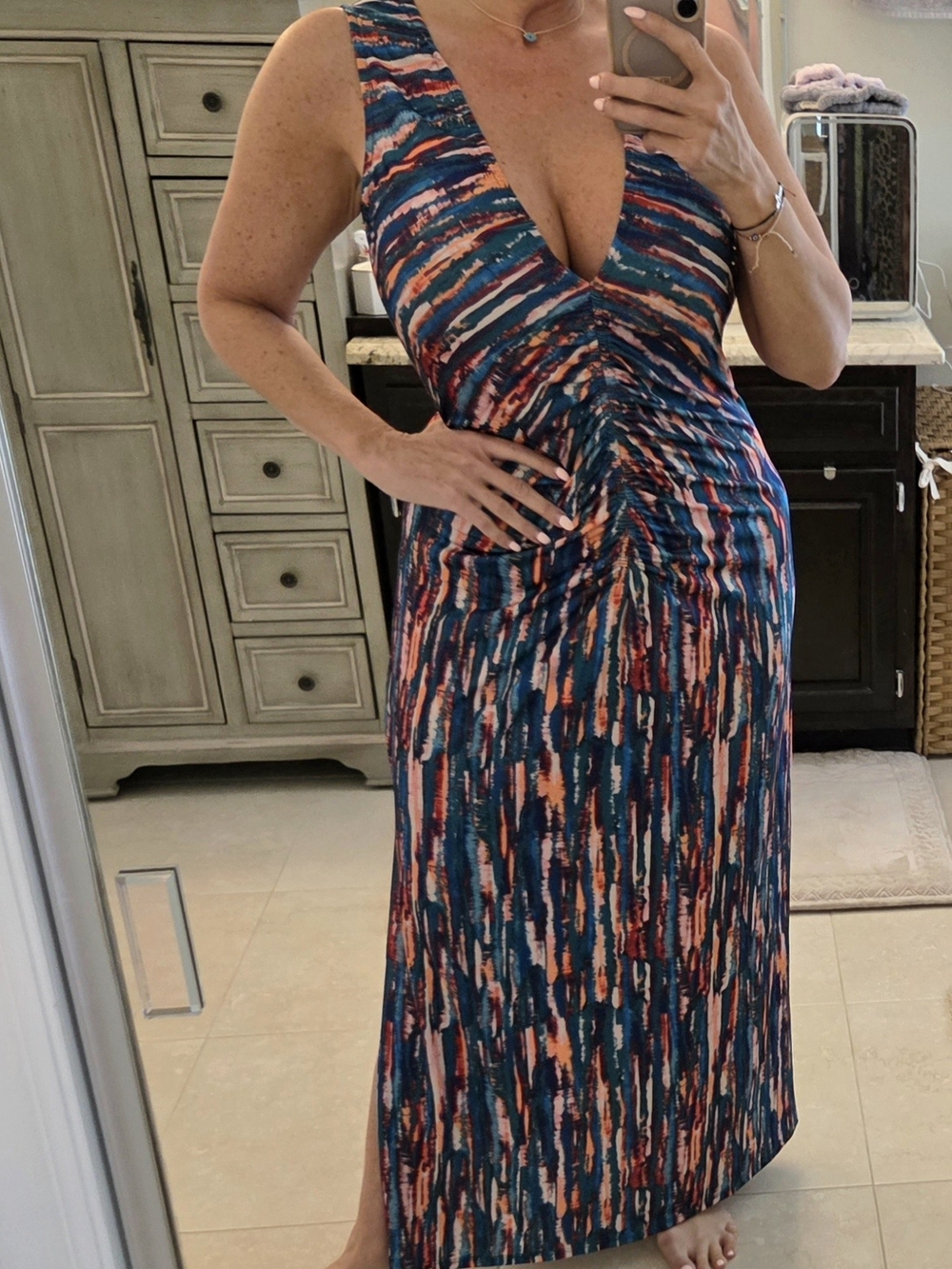 Veronica M Navy and Coral Abstract Stripe Front Ruched Maxi Dress